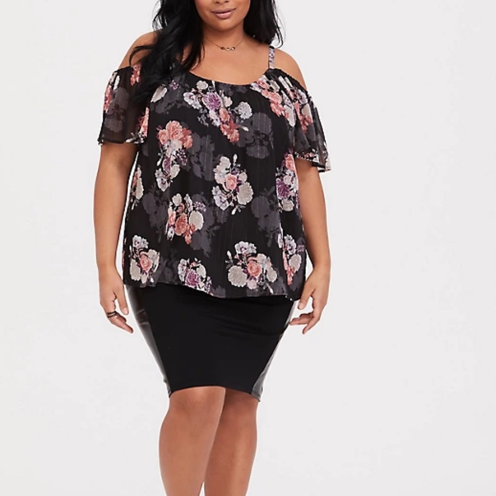 Black Floral Lurex Cold Shoulder Top